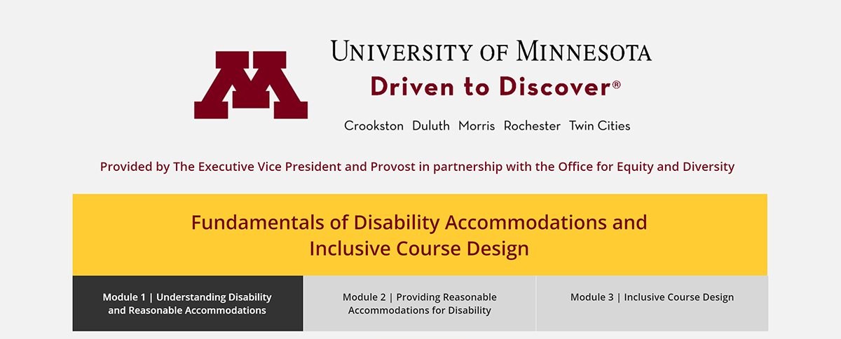 The opening screen of the University of Minnesota course, Fundamentals of Disability Accommodations and Inclusive Course Design